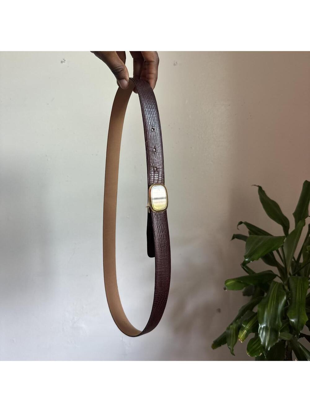 90s Yves Saint Laurent Brown Lizard Embossed Leather Belt Gold Buckle 36/90